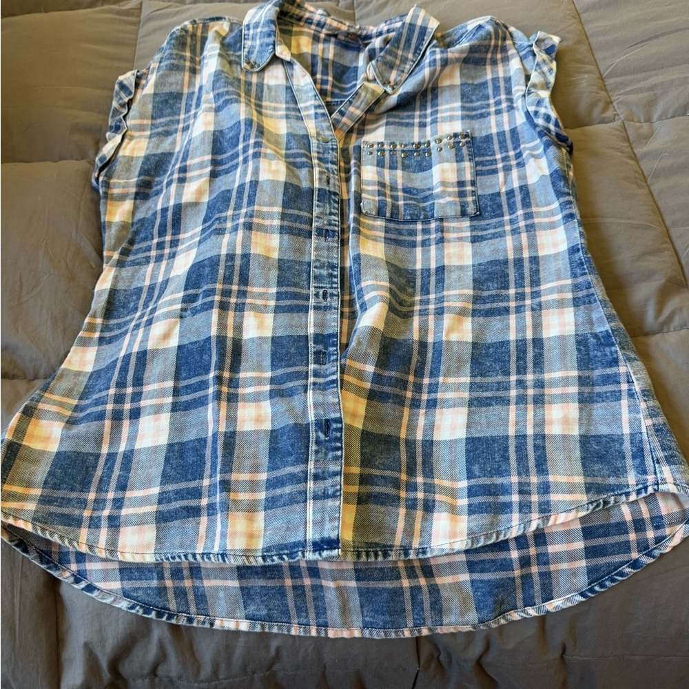 Blue and Beige Plaid Sleeveless Shirt